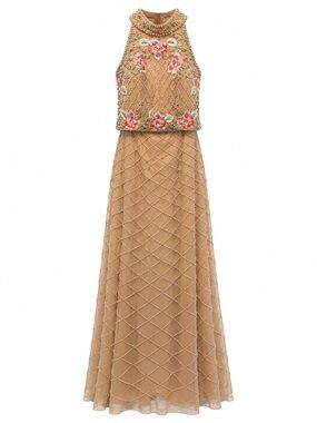 Sherri Hill 51148 Gold Beaded Floral Halter Evening Gown
